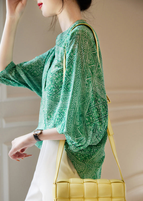 French Green O-Neck Print Chiffon Tops Fall WW021