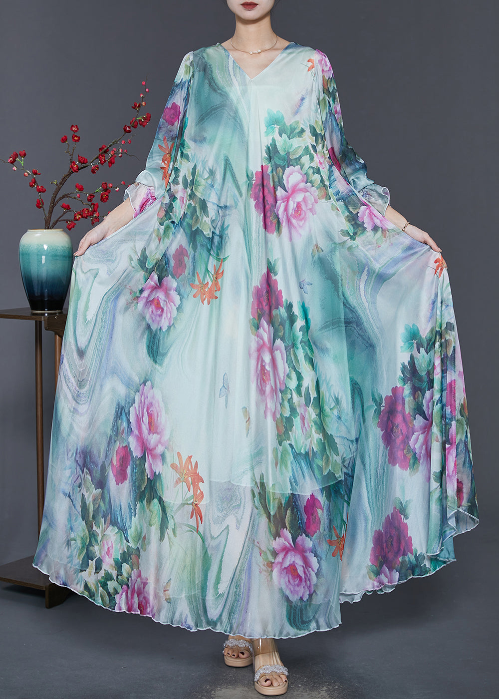 Französisches grünes übergroßes Batik-Chiffon-Ferienkleid Frühling SD1062