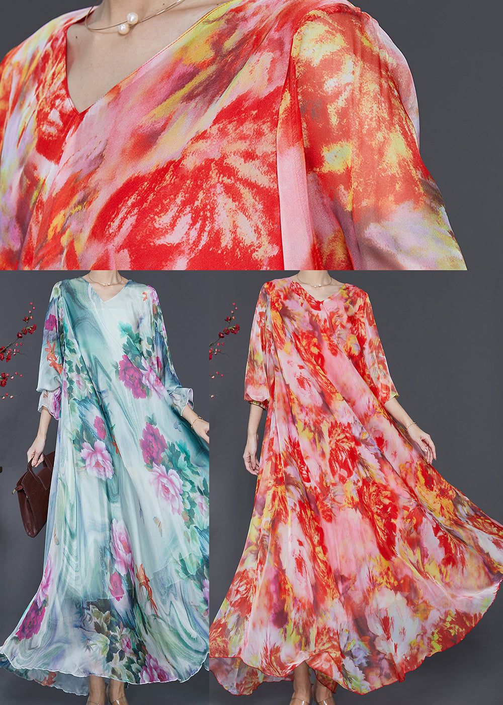 Französisches grünes übergroßes Batik-Chiffon-Ferienkleid Frühling SD1062