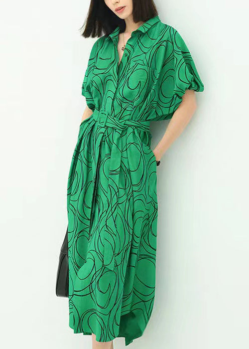 French Green Print Tie Waist Cotton Shirts Dresses Summer AA1041