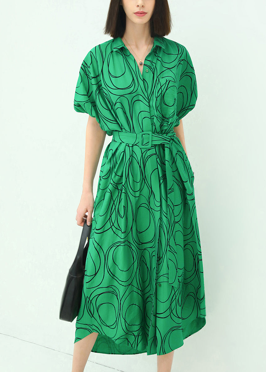 French Green Print Tie Waist Cotton Shirts Dresses Summer AA1041