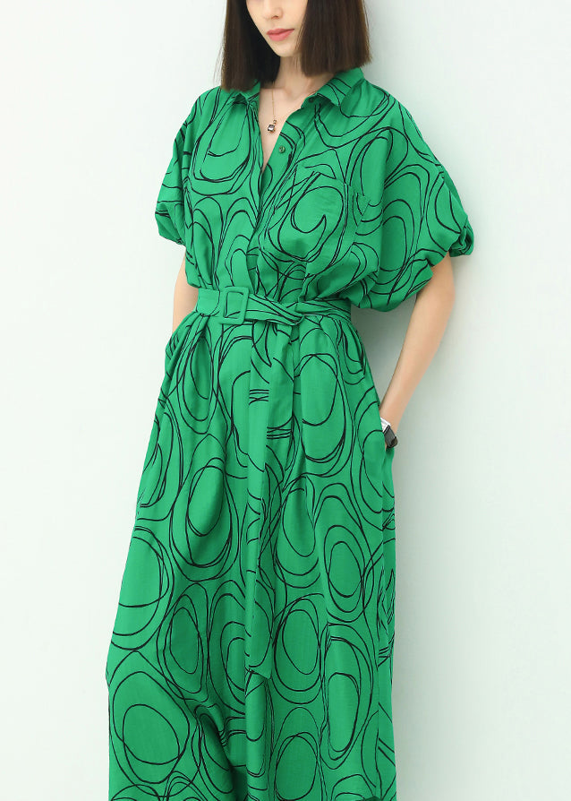 French Green Print Tie Waist Cotton Shirts Dresses Summer AA1041