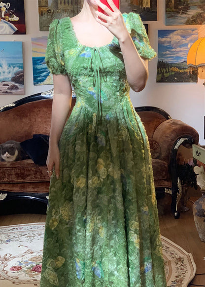 Robe d'été à imprimé papillon à col carré vert français ZL042