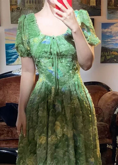 Robe d'été à imprimé papillon à col carré vert français ZL042