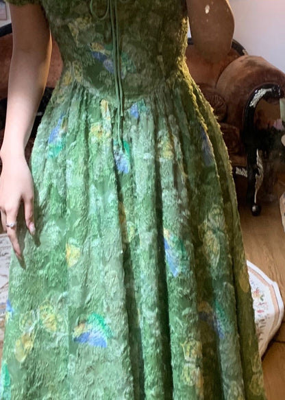 Robe d'été à imprimé papillon à col carré vert français ZL042