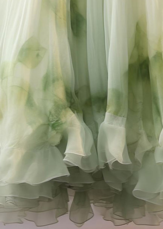 French Green Tie Dye Wrinkled Chiffon Skirt Summer Ada Fashion