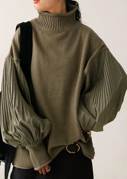 Französischer grüner Rollkragenpullover mit Patchwork-Strick und Laternenärmeln TF012