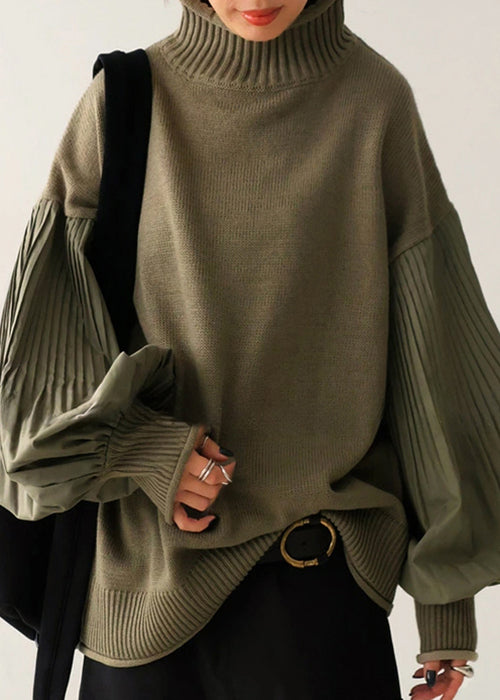 Französischer grüner Rollkragenpullover mit Patchwork-Strick und Laternenärmeln TF012