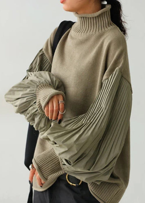 Französischer grüner Rollkragenpullover mit Patchwork-Strick und Laternenärmeln TF012