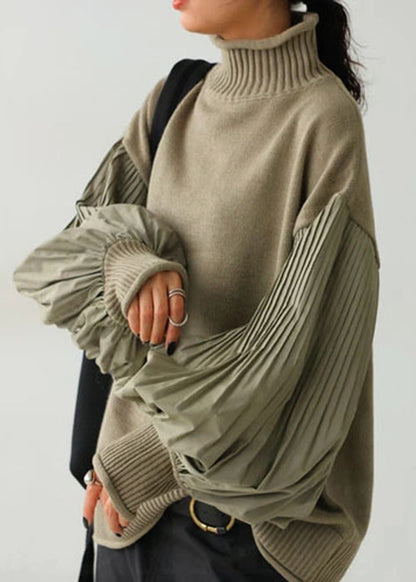 Französischer grüner Rollkragenpullover mit Patchwork-Strick und Laternenärmeln TF012