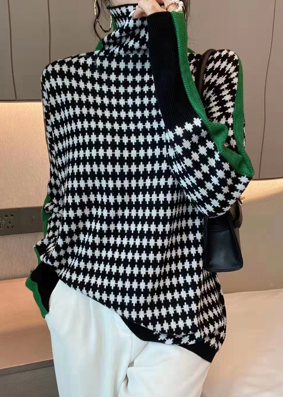 French Green Turtleneck Plaid Patchwork Knit Coats Spring TF041