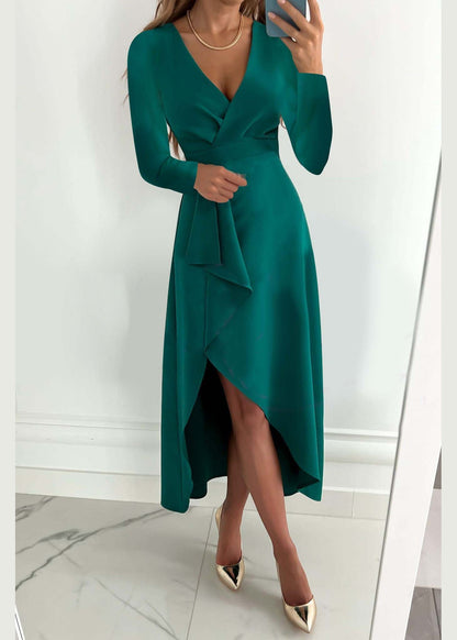 Robe asymétrique à col en V vert français ouverte sur le côté Automne QR003