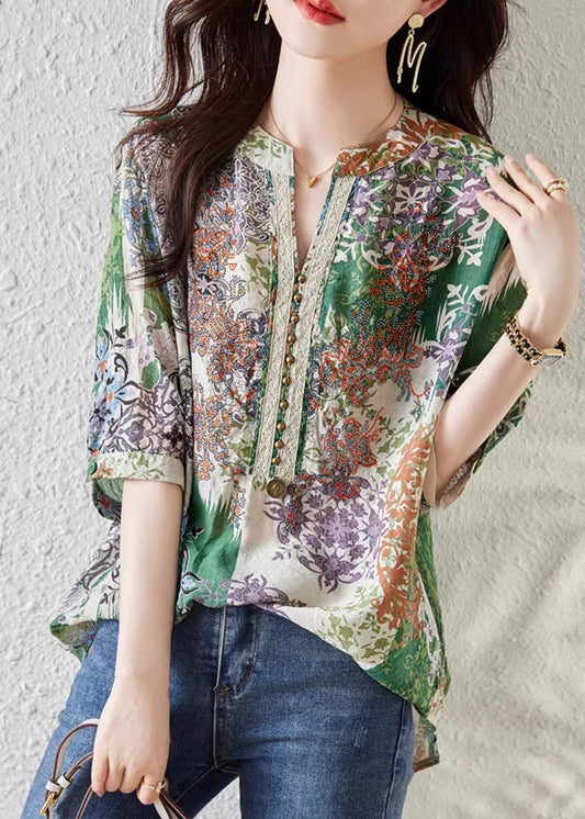 Französische grüne Chiffon-Shirts mit V-Ausschnitt und Print, Sommer TH028
