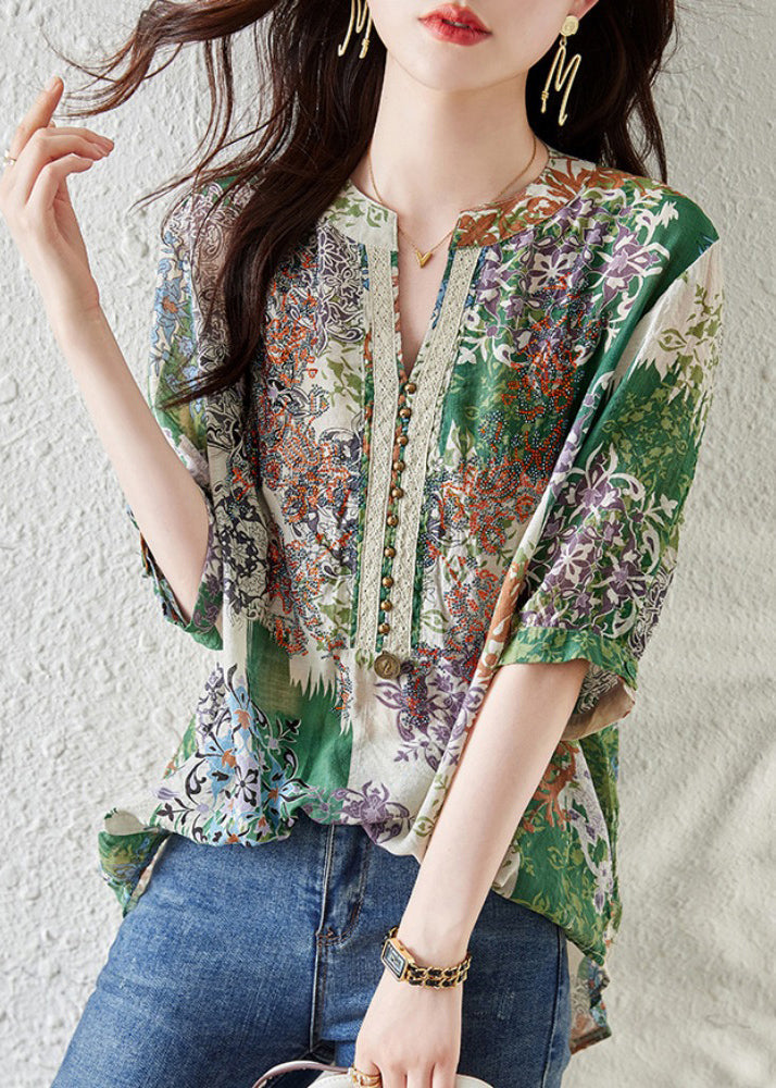 Französische grüne Chiffon-Shirts mit V-Ausschnitt und Print, Sommer TH028