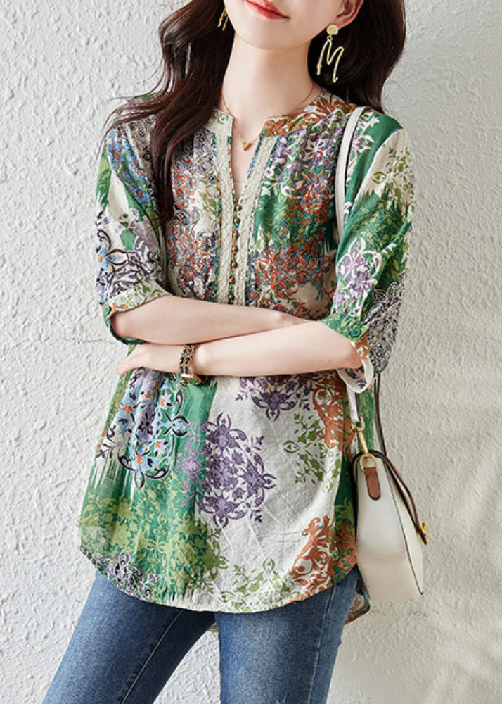 Französische grüne Chiffon-Shirts mit V-Ausschnitt und Print, Sommer TH028