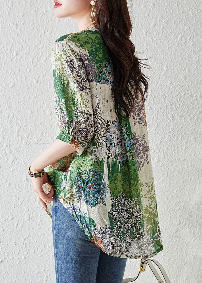 Französische grüne Chiffon-Shirts mit V-Ausschnitt und Print, Sommer TH028