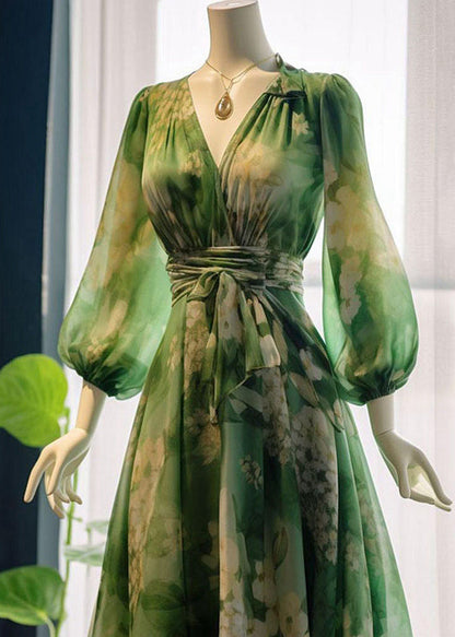 Robe en mousseline de soie taille haute à imprimé vert français et col en V à manches longues KJ024