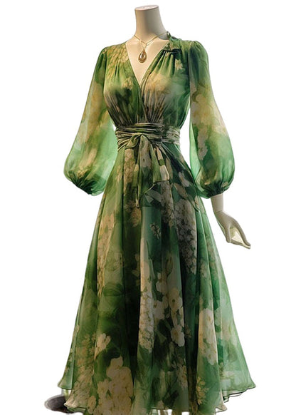 Robe en mousseline de soie taille haute à imprimé vert français et col en V à manches longues KJ024