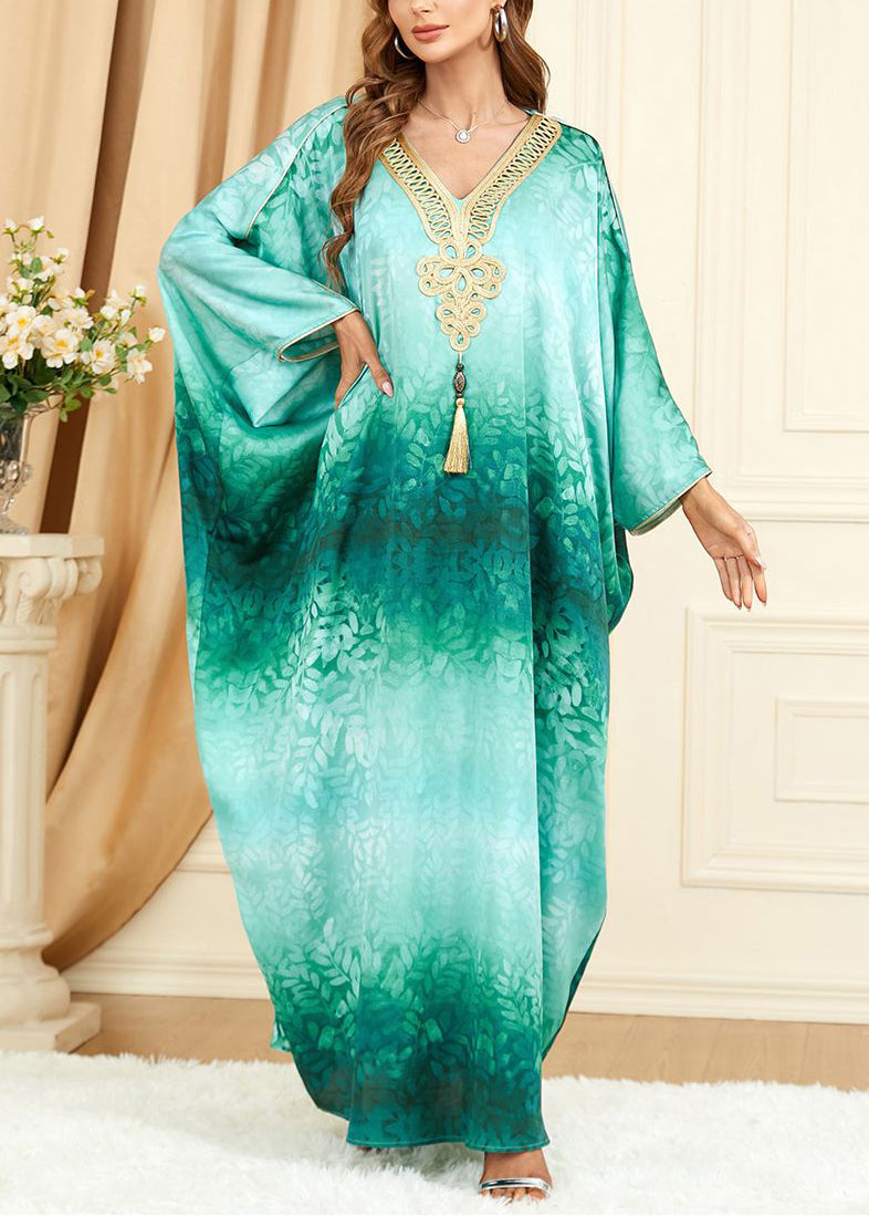 French Green V Neck Print Silk Maxi Dresses Batwing Sleeve AA1032