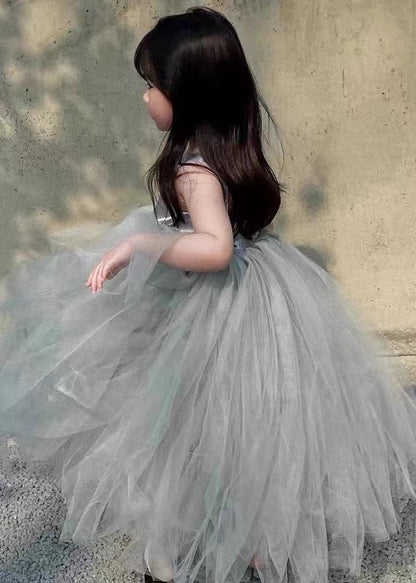 Robe longue en tulle patchwork gris dos nu pour fille sans manches TT025