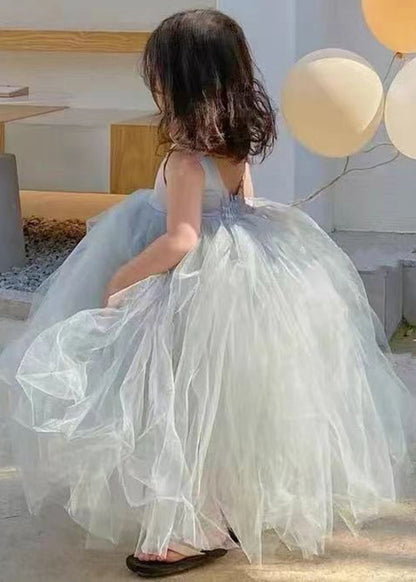 Robe longue en tulle patchwork gris dos nu pour fille sans manches TT025