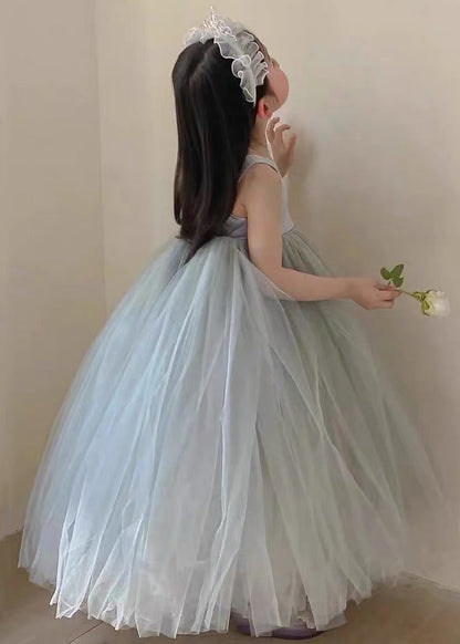 Robe longue en tulle patchwork gris dos nu pour fille sans manches TT025