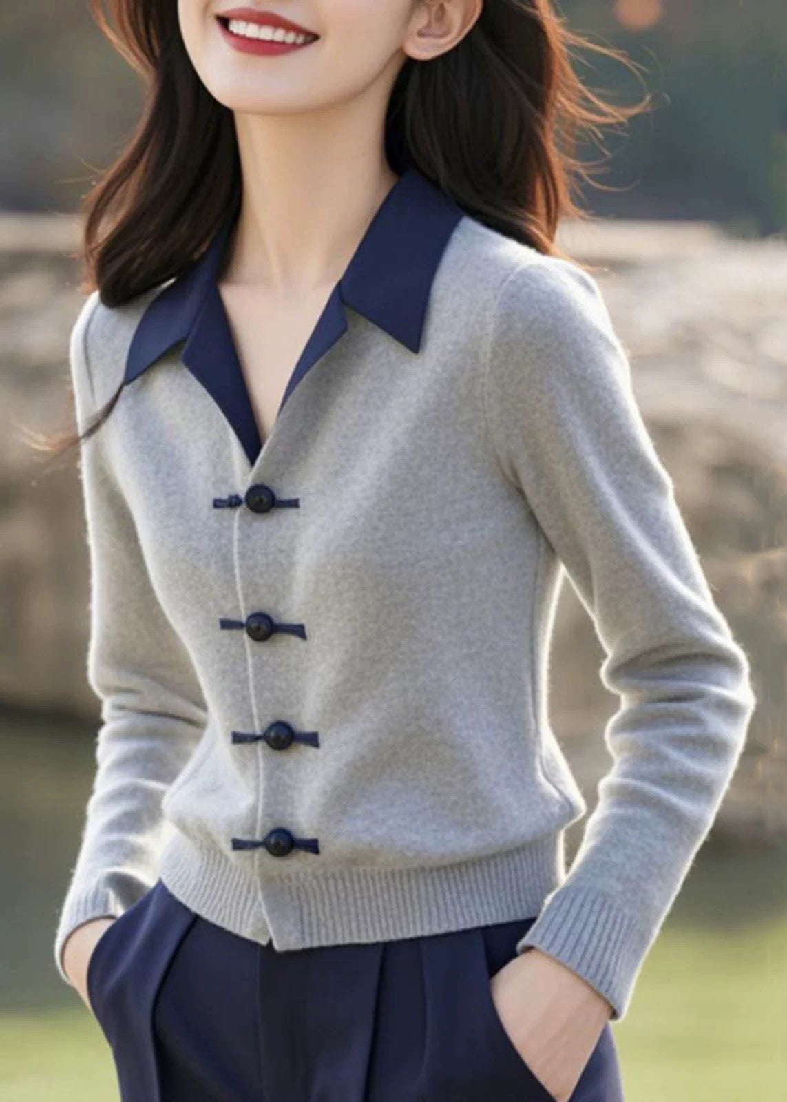 Französischer grauer Knopf Patchwork Strickpullover aus Baumwolle Winter ER031