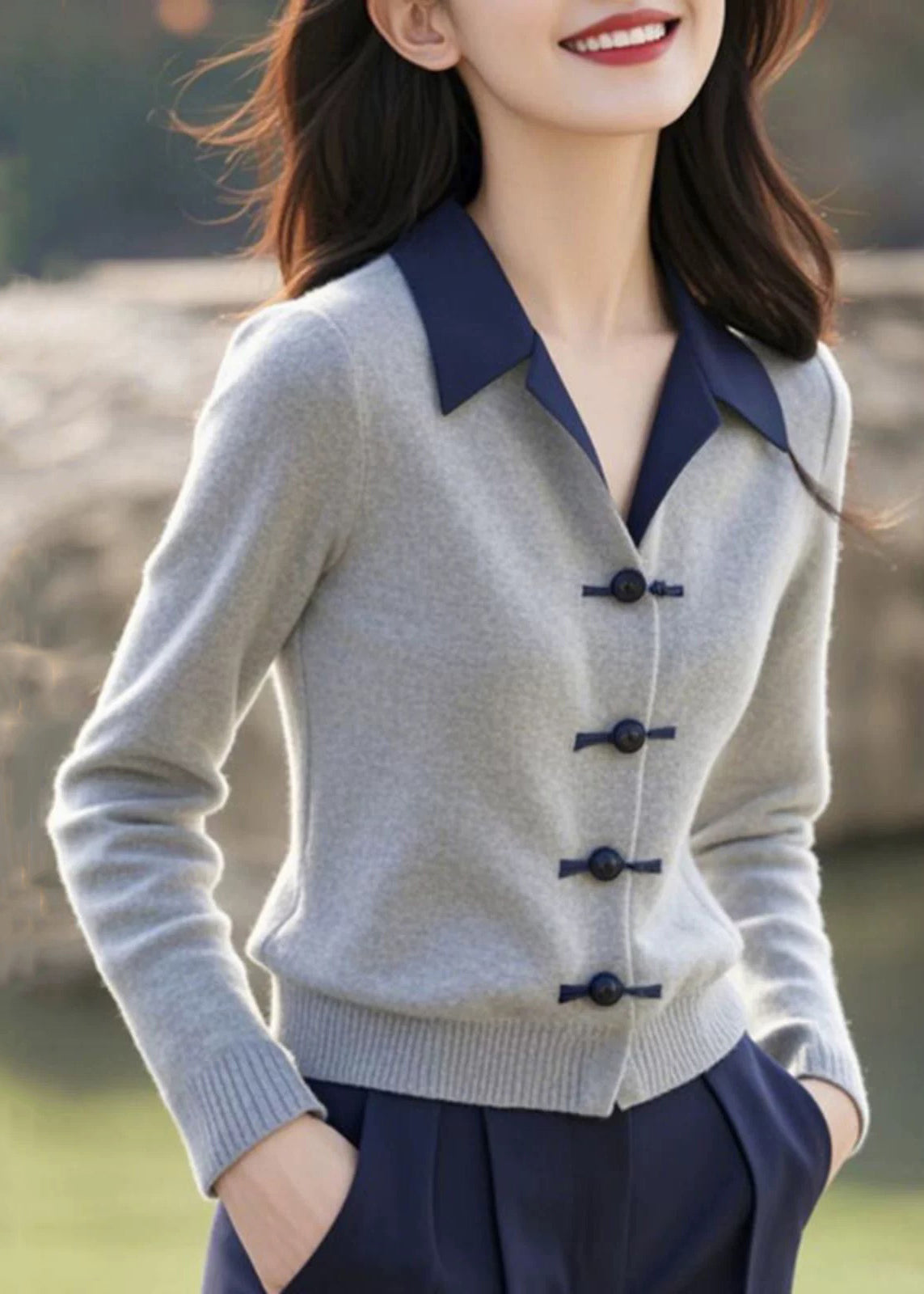 Französischer grauer Knopf Patchwork Strickpullover aus Baumwolle Winter ER031