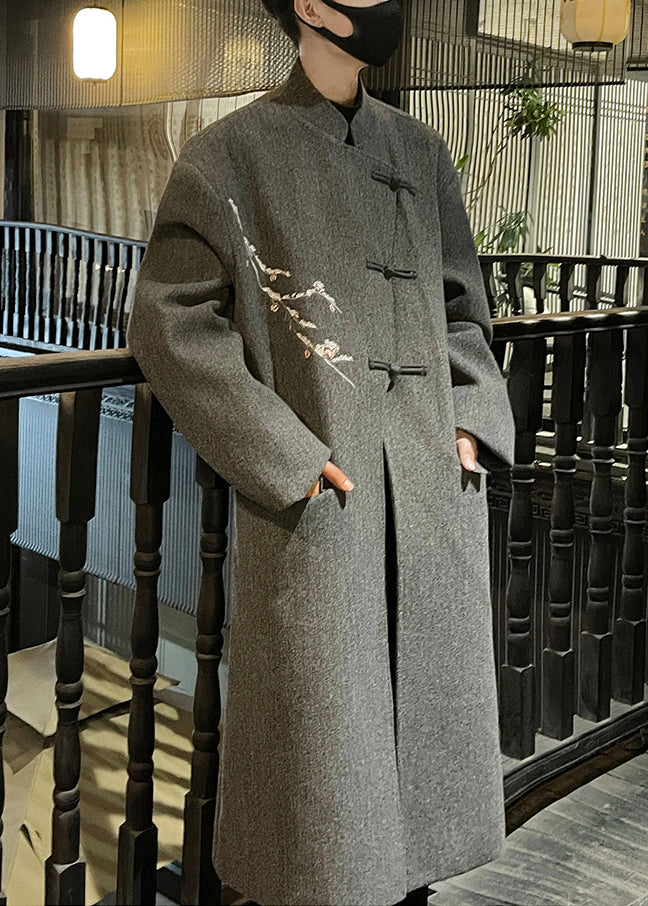 French Grey Embroideried Button Woolen Men Long Trench Coat Winter RO027