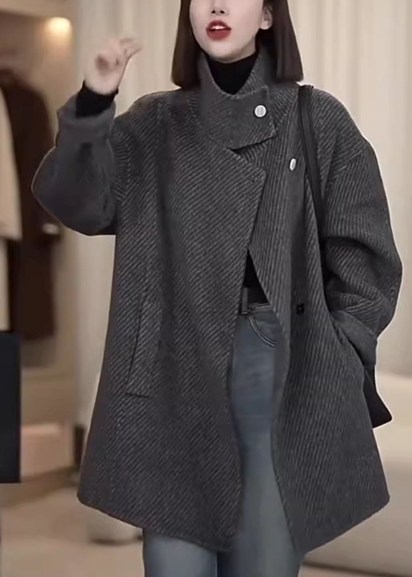 Manteau en laine gris français à col montant et poches boutonnées, printemps TY012