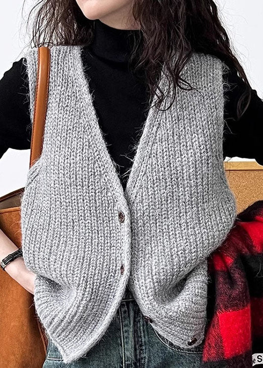 Gilet en laine gris français à col en V et boutons sans manches TZ031