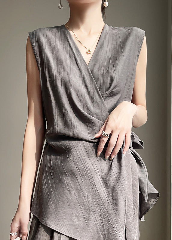 Grey Up Cotton Shirt French Lace Sleeveless Neck V