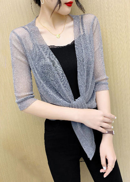 French Grey V Neck Lace Up Tulle Cardigan Summer Ada Fashion