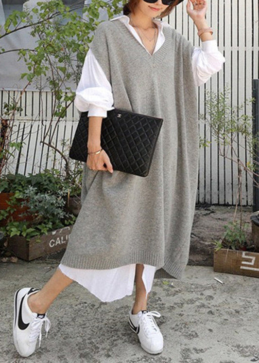 French Grey V Neck Long Knit Vest Sleeveless QR009