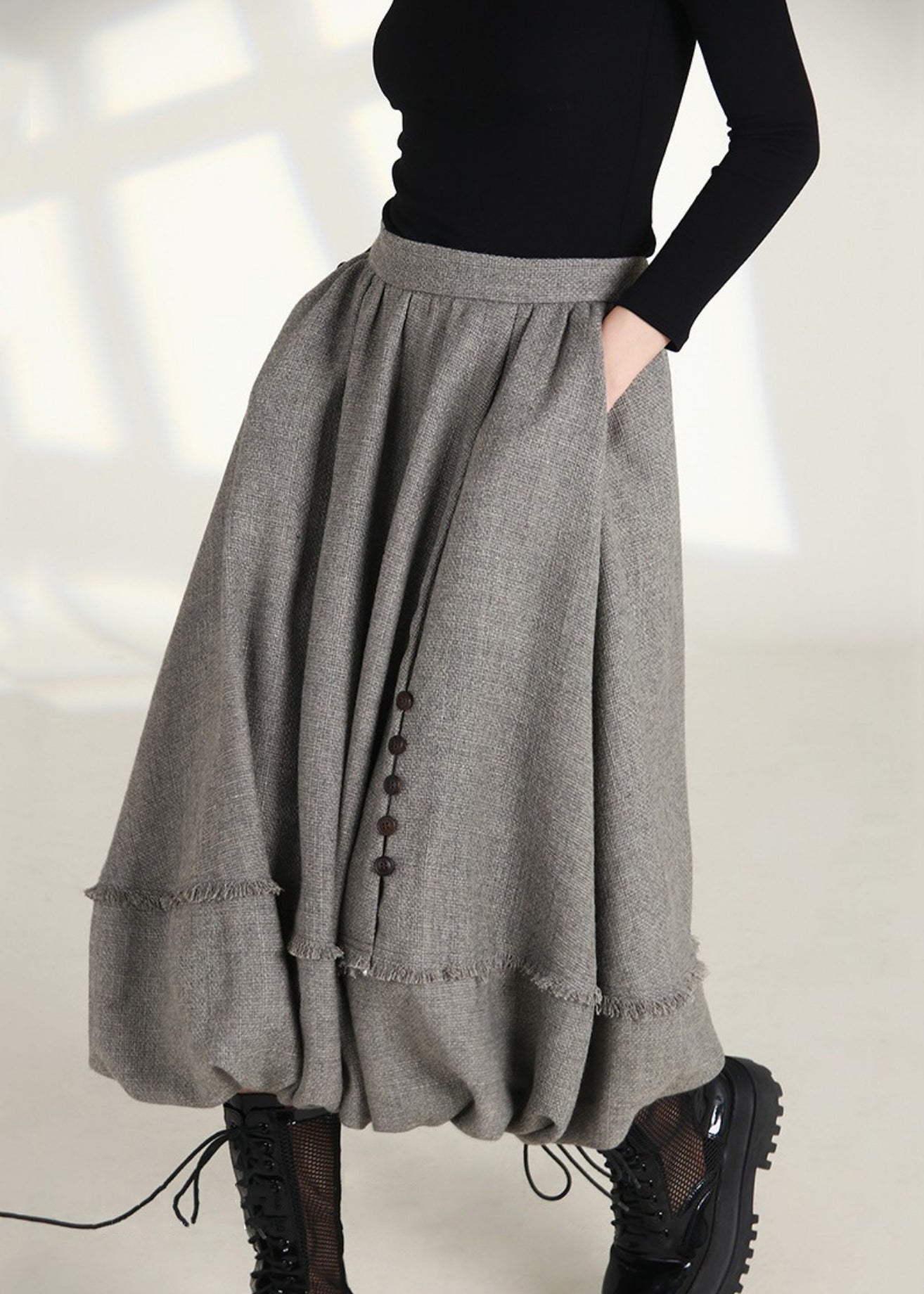 French Grey Zippered Pockets High Waist Cotton Skirts Spring AS1006 Ada Fashion