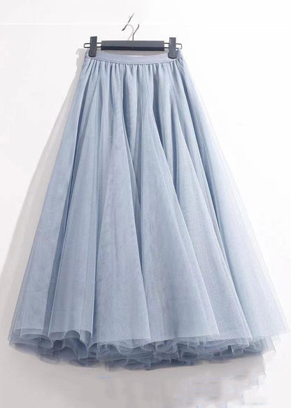 French Haze Blue Elastic Waist Tulle Pleated Skirt Summer Ada Fashion