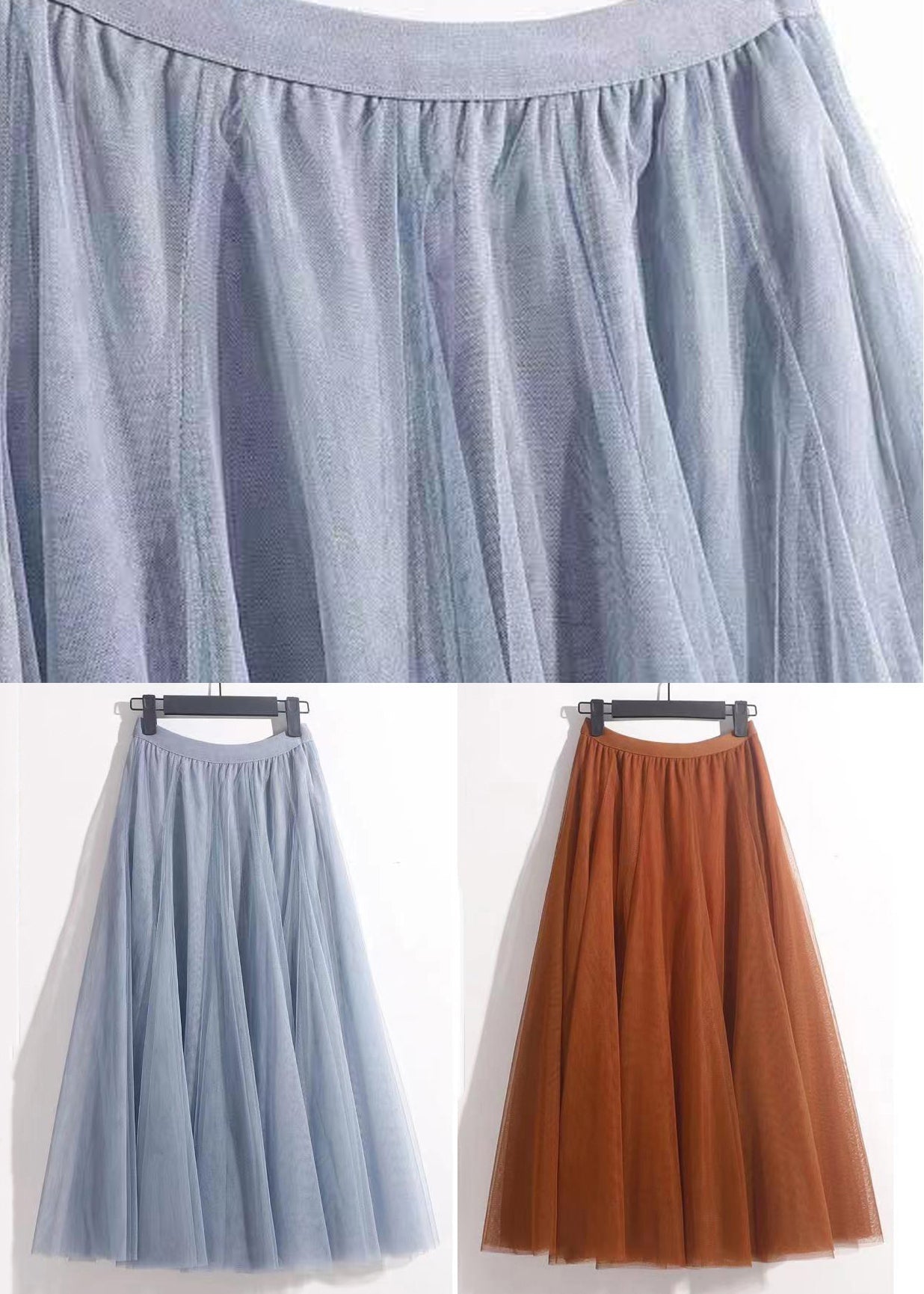 French Haze Blue Elastic Waist Tulle Pleated Skirt Summer Ada Fashion