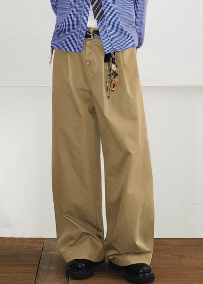 Pantalon d'été kaki à boutons et poches pour homme, style français, en coton uni