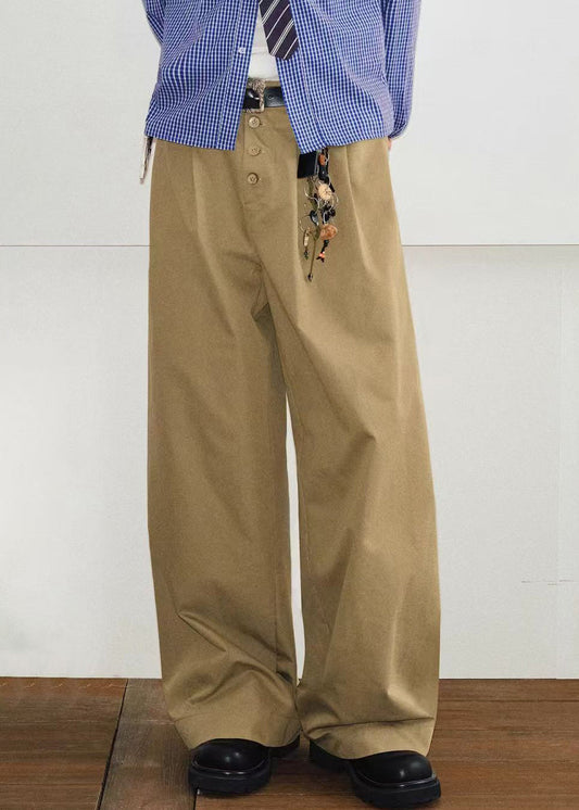Pantalon d'été kaki à boutons et poches pour homme, style français, en coton uni