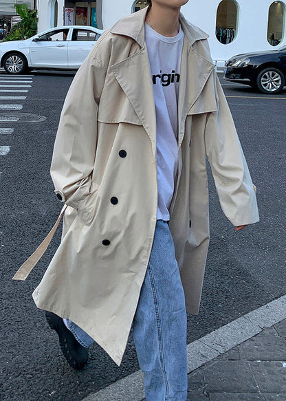 Trench-coat long en coton kaki français à double boutonnage et ceinture nouée pour homme, printemps YQ002