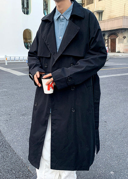 Trench-coat long en coton kaki français à double boutonnage et ceinture nouée pour homme, printemps YQ002