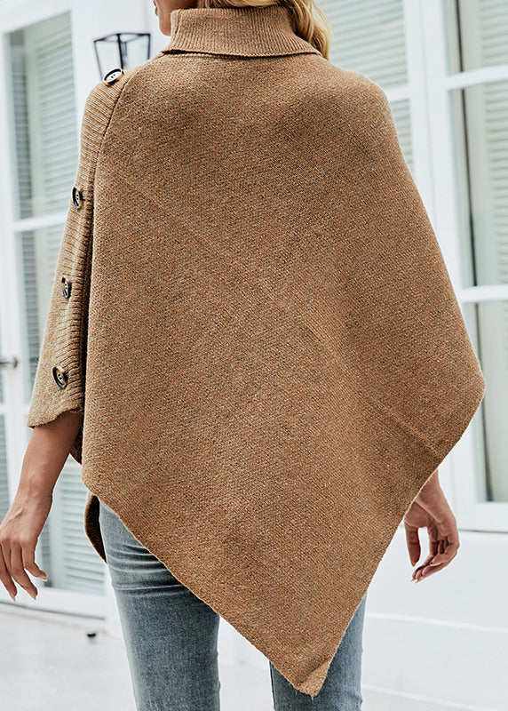 French Khaki Hign Neck Asymmetrical Knit Cape Fall QY029