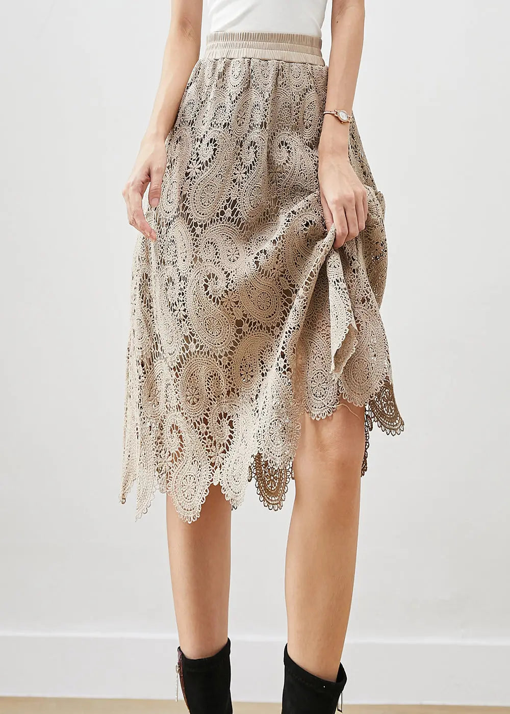 French Khaki Hollow Out Lace Skirts Fall Ada Fashion