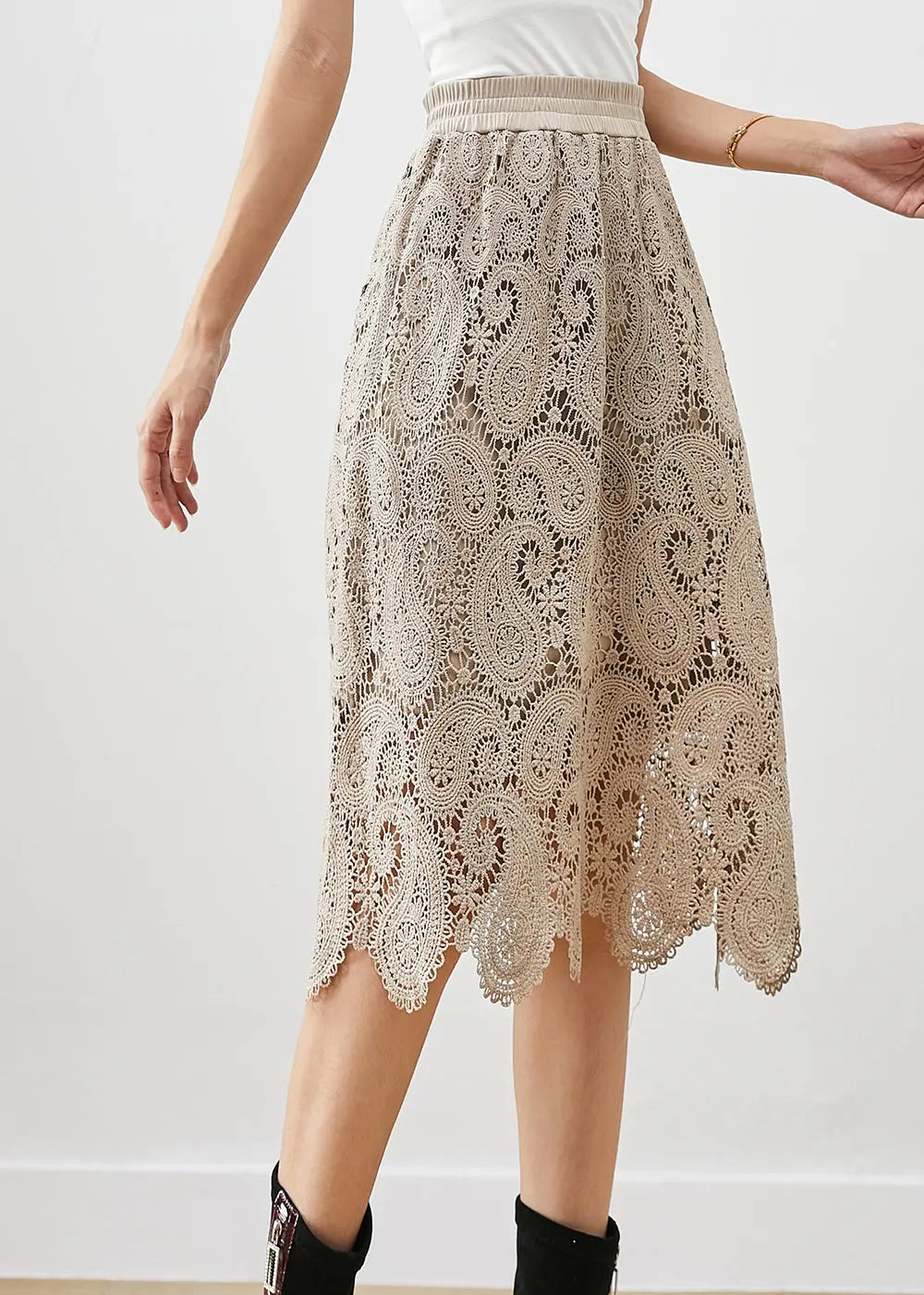 French Khaki Hollow Out Lace Skirts Fall Ada Fashion