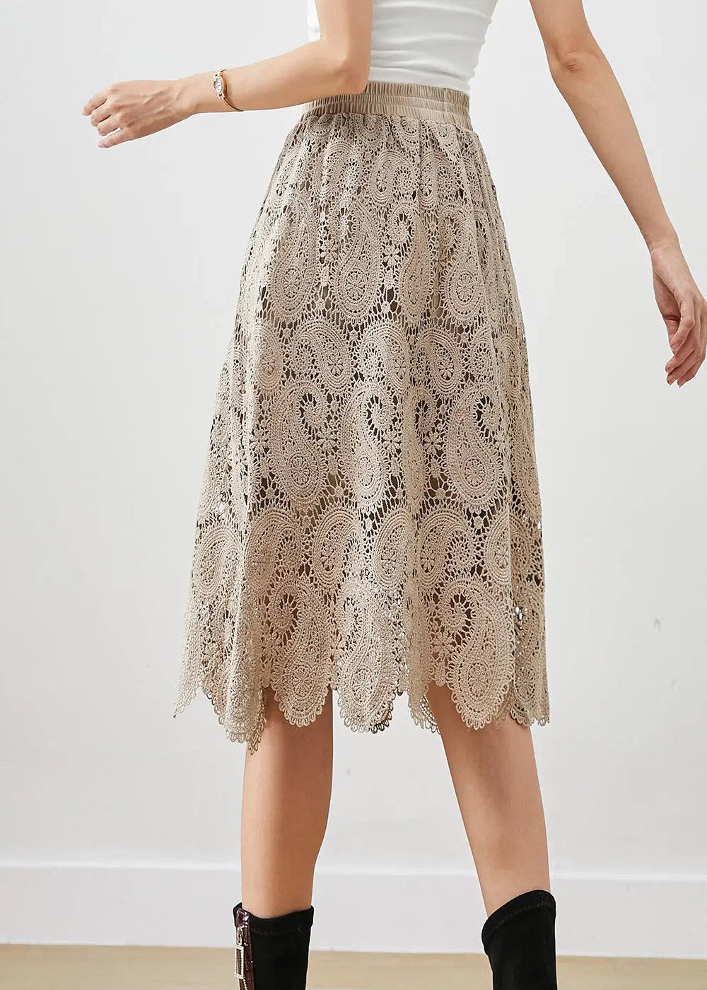 French Khaki Hollow Out Lace Skirts Fall Ada Fashion