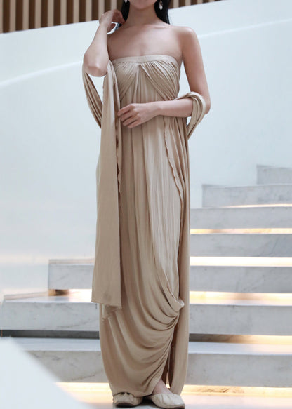 Off Französisch Wrinkled Schulter Kleider Baumwolle Khaki Lange Die