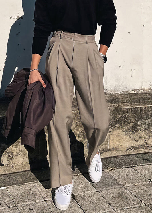 Pantalon uni à poches, taille haute, kaki, élasthanne, pour homme