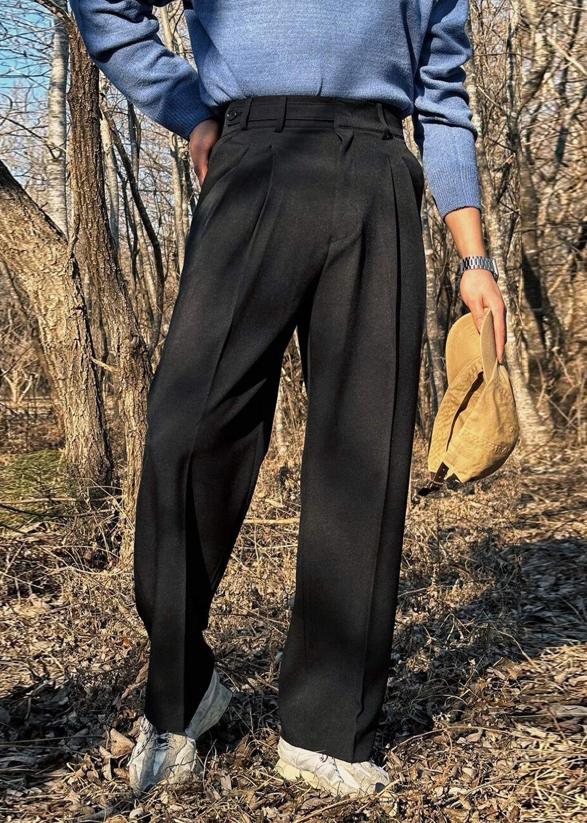 Pantalon uni à poches, taille haute, kaki, élasthanne, pour homme