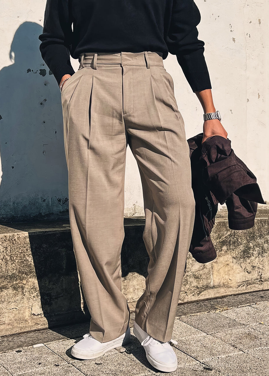 Pantalon uni à poches, taille haute, kaki, élasthanne, pour homme