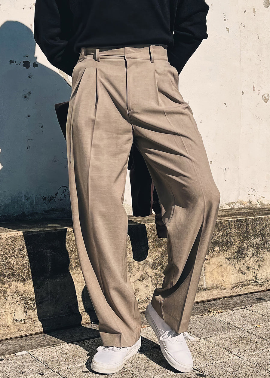 Pantalon uni à poches, taille haute, kaki, élasthanne, pour homme